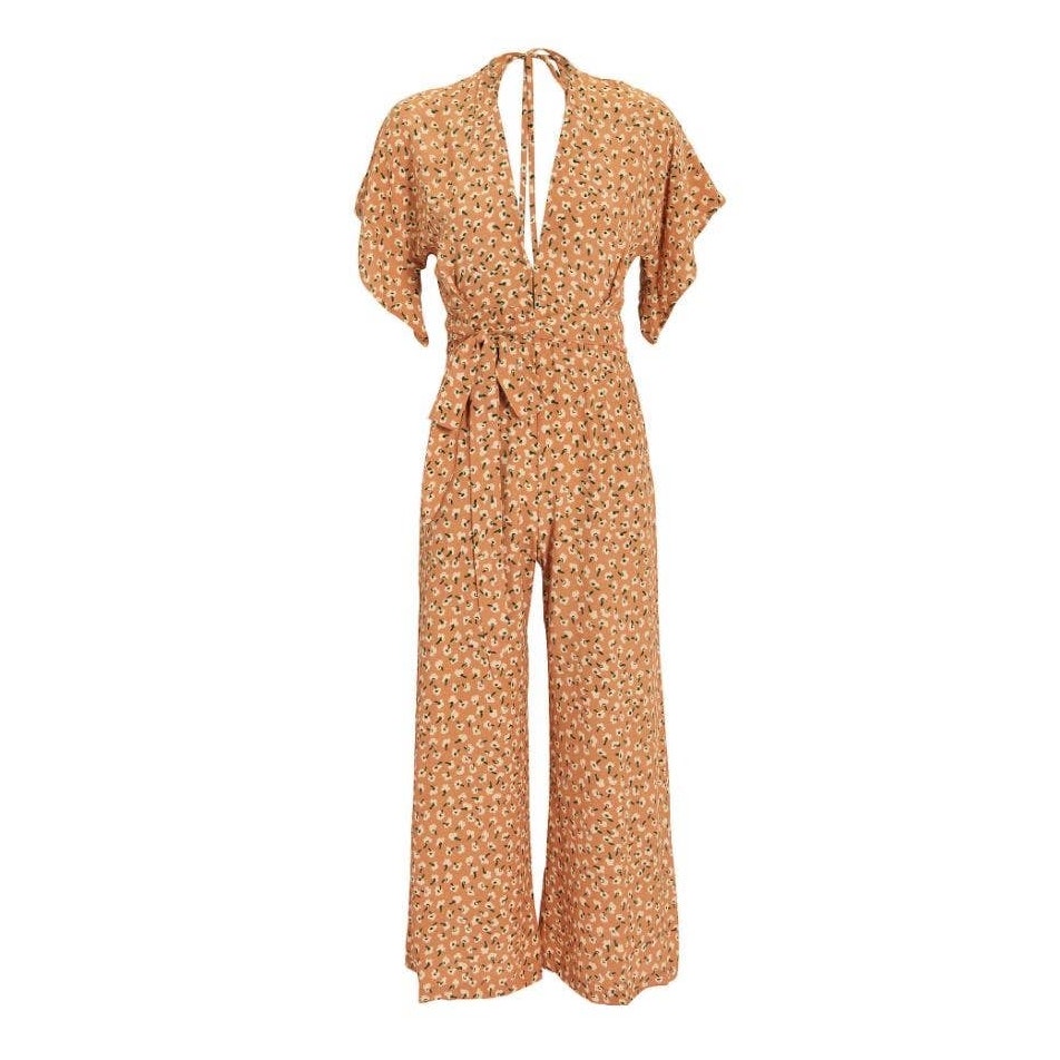 Faithfull The Brand Cedric Jumpsuit Orange Tan Floral Open Back Wide Leg Small/4